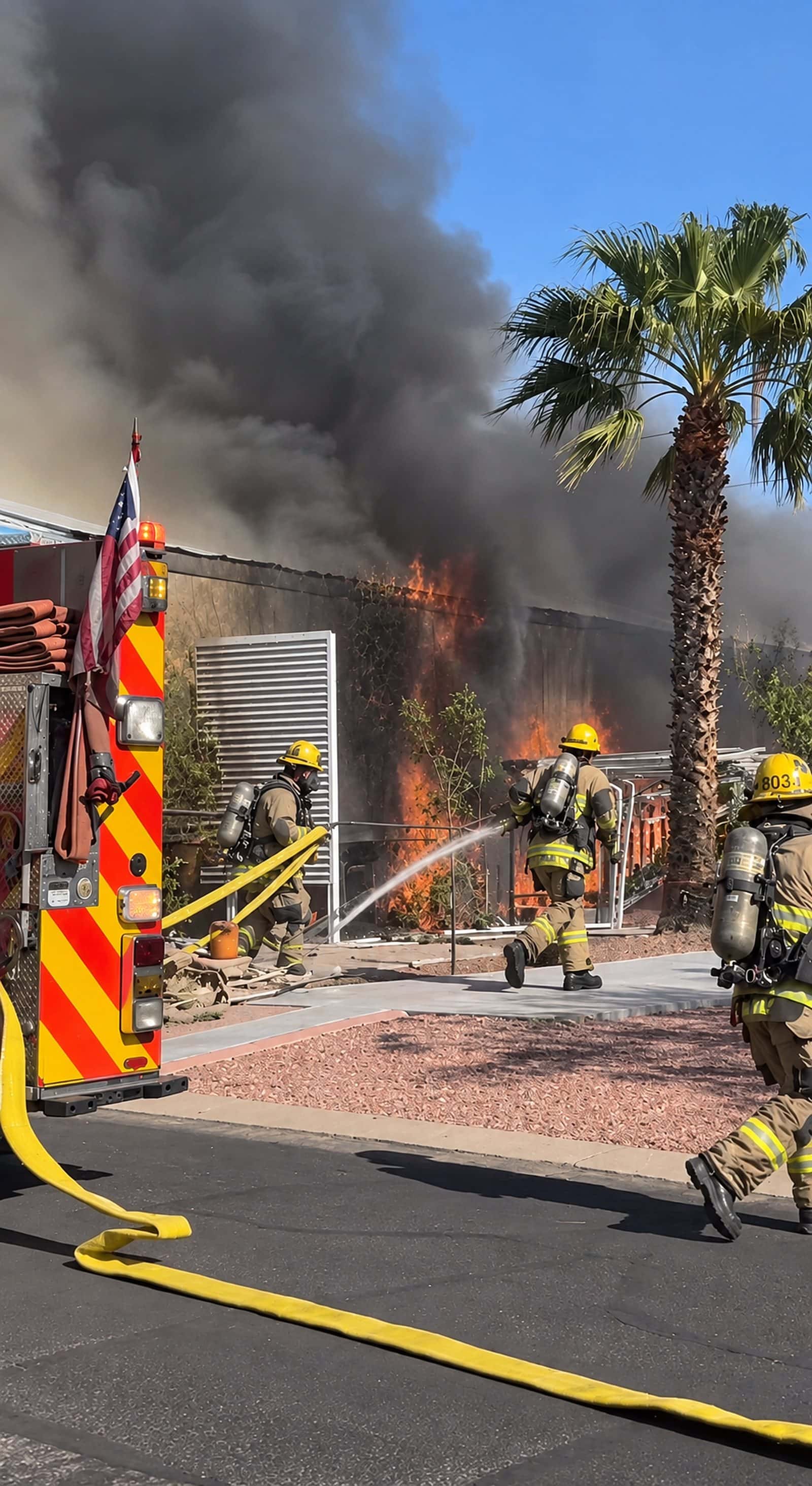 Firefighters advance a hose line on a working structure fire