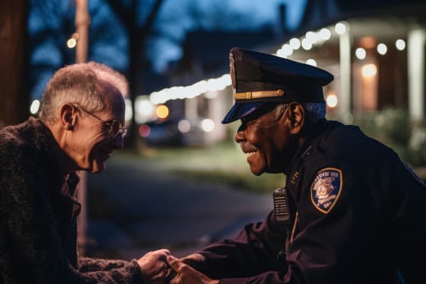 A police officer holds hands with an elderly resident