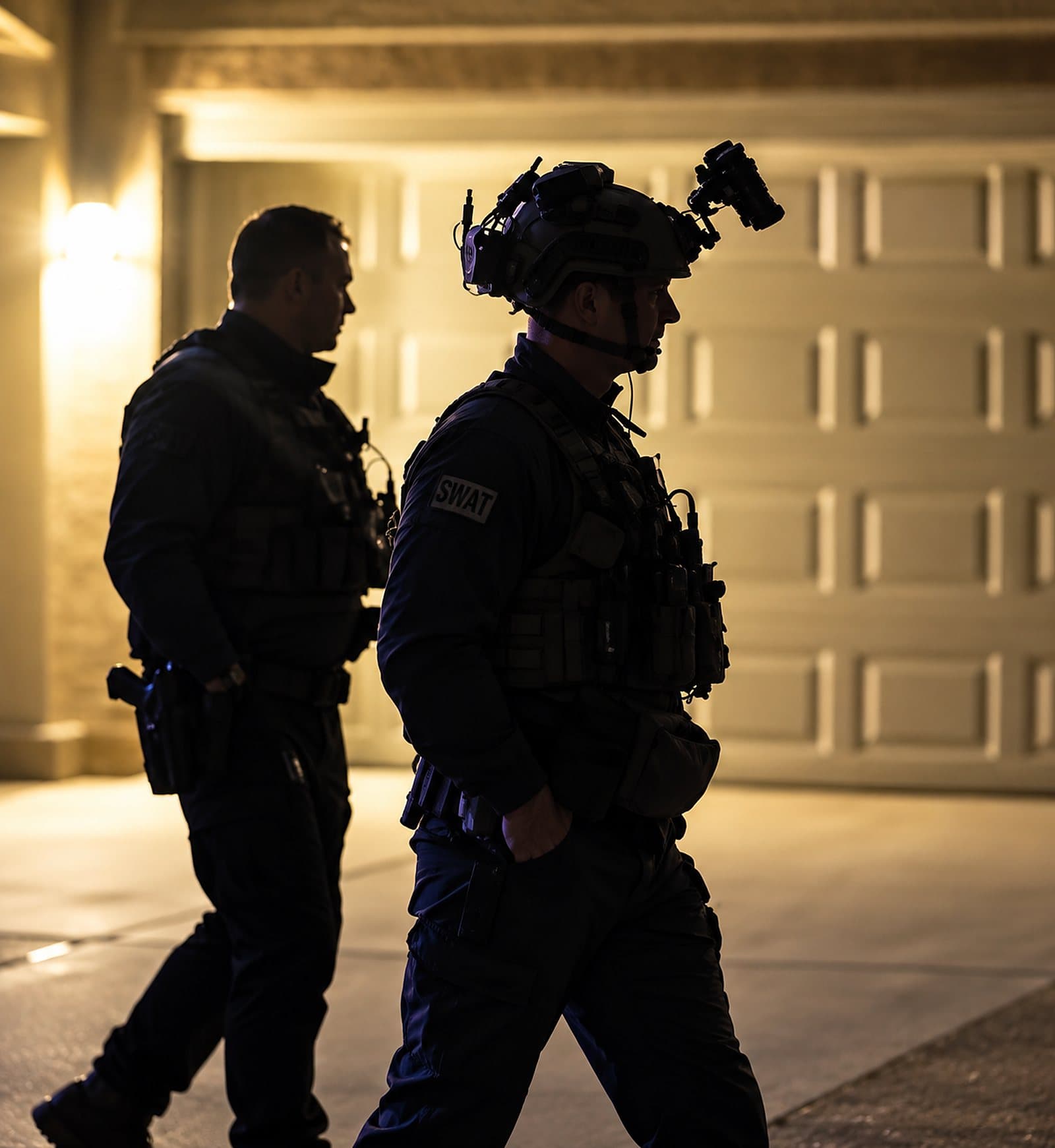 Two SWAT officers walk out at night