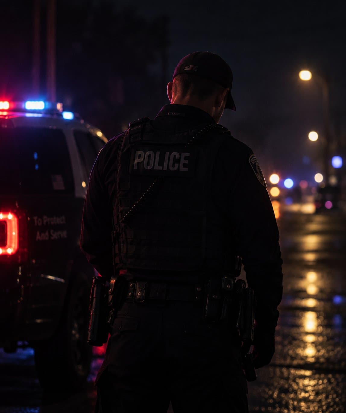 A police officer on patrol at night